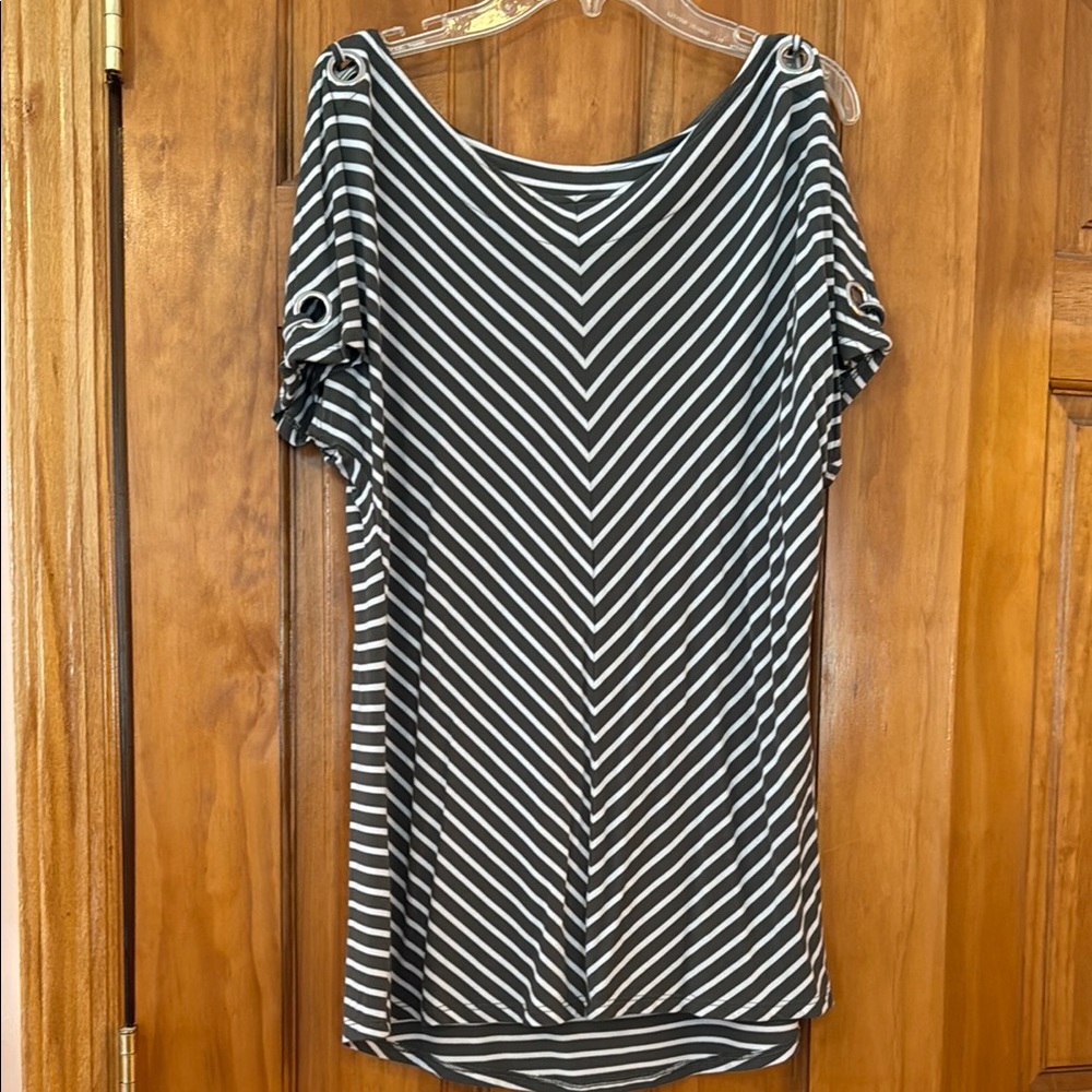 Cable & Gauge Olive Green and White Striped Cold Shoulder Top